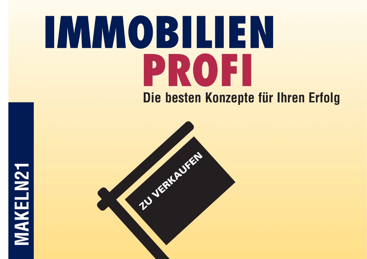 Cover des Fachmagazins IMMOBILIEN PROFI, Ausgabe Nr. 64 (MAKELN21) mit dem Leitsatz 'Die besten Konzepte für Ihren Erfolg'. Die Illustration zeigt die Silhouette eines Teams, das gemeinsam eine 'ZU VERKAUFEN'-Flagge hisst – ein starkes, symbolisches Motiv für erfolgreichen Immobilienverkauf, Teamwork und praxiserprobte Maklerkonzepte.